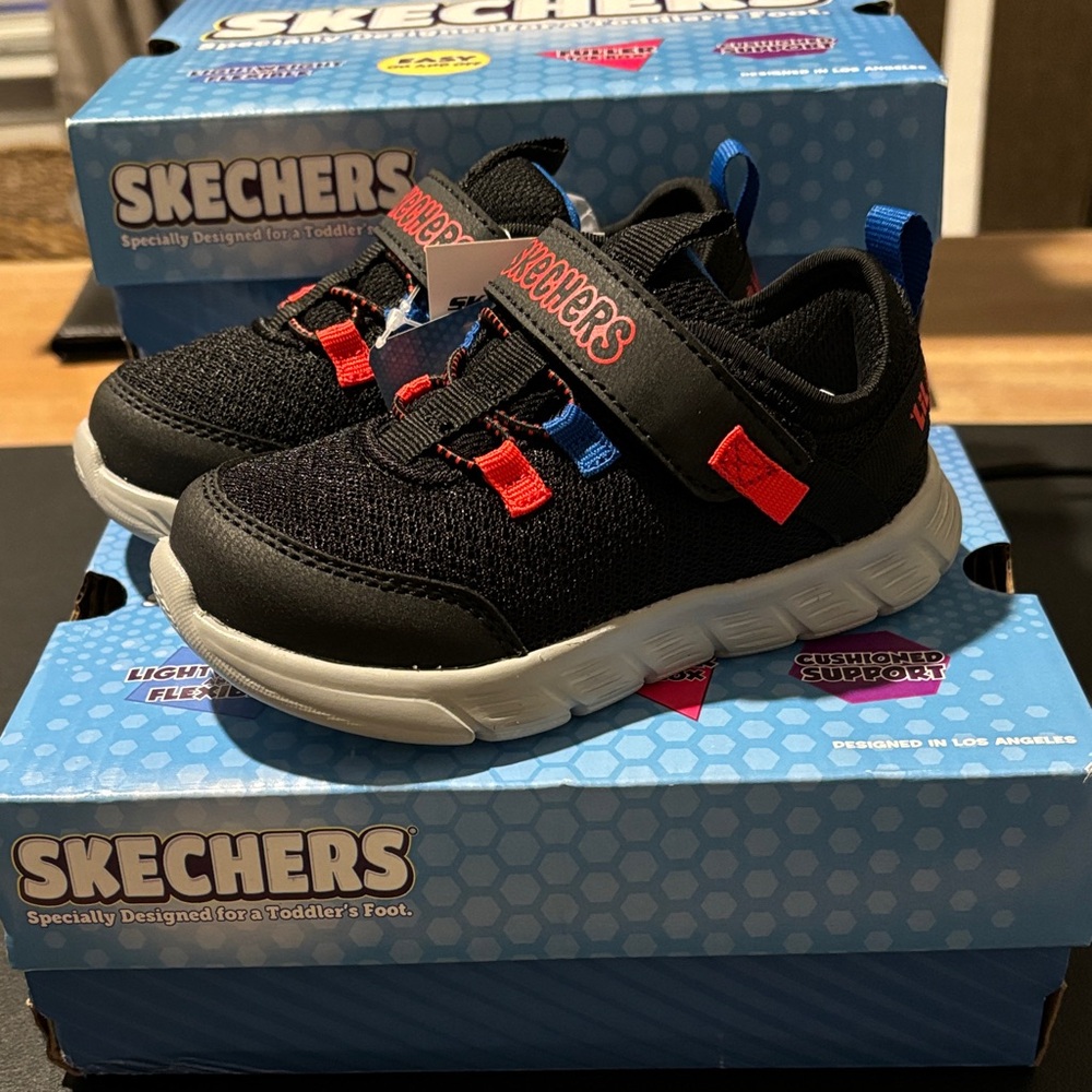 Skechers Toddler 7 Ruzo Kids' Black, Red & Blue Slip on Sneakers